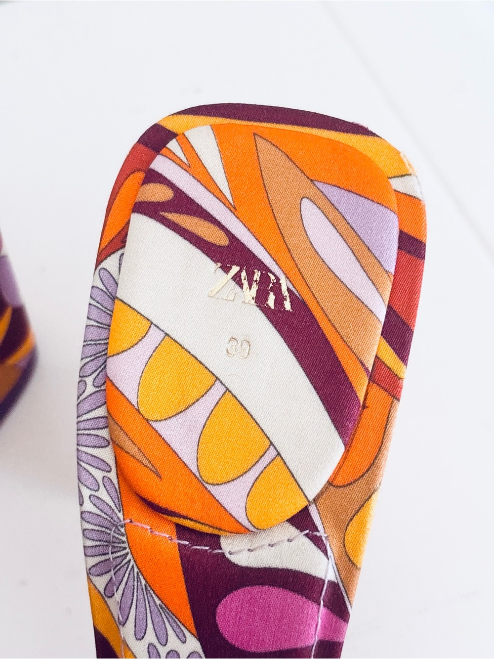 Zara Vibrant Floral Print Block Heel Square Toe Sandals Orange Purple, 39 (8.5) - Picture 2 of 10